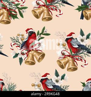 Nahtloses Muster mit Poinsettia, Bullfinken, Glocken und weißen Blumen. Vektor. Stock Vektor