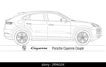 Deutschland, Jahr 2010, Porsche Cayenne Coupe SUV-Modell, Silhouette umrissen, Vektordarstellung Stockfoto