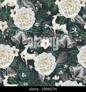 Nahtloses Weihnachtsmuster mit Hirschen und weißen Blumen. Vektor. Stock Vektor