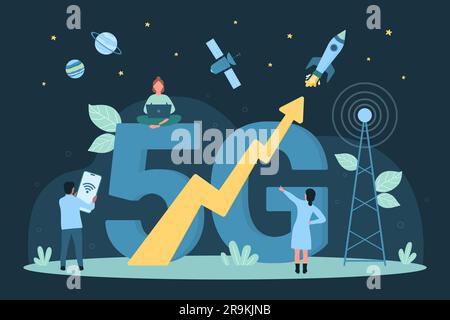 Zeichentrickfilme, winzige Menschen, die Mobilgeräte und Laptops für eine drahtlose Breitbandverbindung zur Stadtantenne in der Nähe von 5G Wort verwenden. Hochgeschwindigkeits-Internet, Netzwerktechnologie und Kommunikationskonzept Stock Vektor