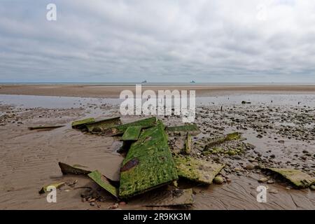 Die Metallplatten und Trümmer bedeckt mit dem Meereswachstum eines alten Schiffswracks am nördlichen Ende von Montrose Beach in der Nähe eines flachen Kanals. Stockfoto