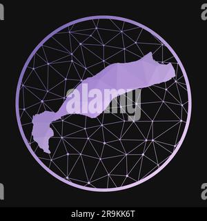Kos-Symbol. Polygonale Vektorkarte der Insel. Kos-Symbol im geometrischen Stil. Die Inselkarte mit violettem, niedrigem polyvalenten Verlauf auf dunklem Hintergrund. Technologie Stock Vektor