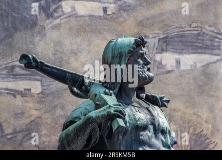 Altdorf, Schweiz - 20. April 2021: Statue von William Tell am Rathausplatz von Altdorf, Schweiz. Wilhelm Tell, das Volk Stockfoto