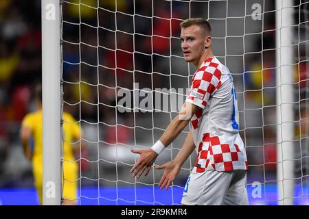 Bukarest, Rumänien. 27. Juni 2023. Matija Frigan von Kroatien reagiert auf das Spiel 21 der UEFA-Europameisterschaft Gruppe B zwischen Kroatien und Rumänien am 27. Juni 2023 im Steaua-Stadion in Bukarest, Rumänien. Foto: Alex Nicodim/PIXSELL Kredit: Pixsell/Alamy Live News Stockfoto