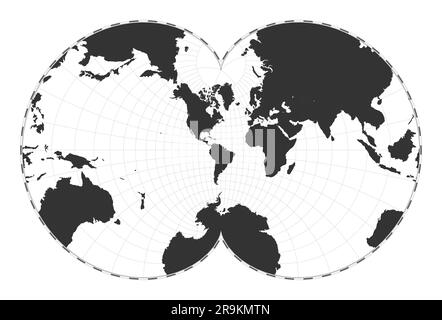 Vector-Weltkarte. Eisenlohr-konformale Projektion. Geografische Karte mit Breiten- und Längengraden. Zentriert auf 60deg E-Längengrad. Vecto Stock Vektor