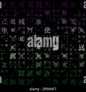 Hintergrund des Buchstabenrasters. Zufällige Zeichen des traditionellen chinesischen Alphabets. Gradiented Matrixmuster. Hintergrund des lila-roten grünen Motivs. Stock Vektor