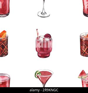 Wasserfarbenes, nahtloses Muster, Cocktailgläser: Kosmopolitisch, negroni, Wassermelone, Drachenfrucht. Handgezeichnete Darstellung isoliert auf weißem Hintergrund Stockfoto