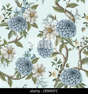 Nahtloses Muster mit Dahlia und Magnolienblüten. Vektor. Stock Vektor