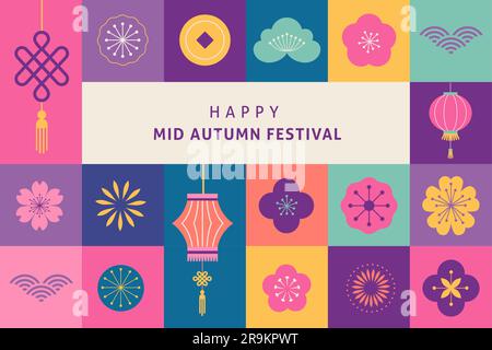 Koreanisches Herbstfest - Chuseok. Mondkuchen, Laternen und Blumen, flacher geometrischer Hintergrund und Poster Stock Vektor