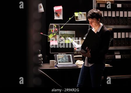 Bundesagentin untersucht vertraulichen Fall, analysiert Betrugsbericht, arbeitet Überstunden in der fbi-Abteilung. Privatdetektiv entdeckt Tatbeweise, Planungsstrategie, um Polizeiverdächtigen zu fassen. Stockfoto