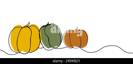 Reife Kürbisse in verschiedenen Farben im Strichkunststil, Banner mit Kopierbereich auf weißem Hintergrund, Konzept von Happy halloween, Herbsternte, halloween Stock Vektor