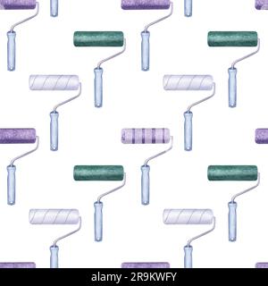 Nahtlos gemusterte grüne violett-weiße Walze, blauer Griff, Reparaturwerkzeug. Renovierung. Inneneinrichtung dekorieren, Wände neu streichen. Handgezogenes Wasser Stockfoto