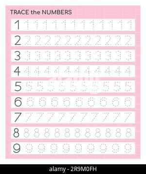 Spurennummern von 1 bis 9. Zählen und Schreiben lernen. Stock Vektor