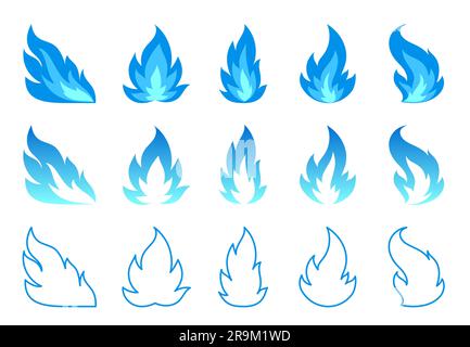 Erdgaskamin flacher Symbolsatz. Warnsymbol „Explosionsgefahr“. Verschiedene Formen abstrakter blauer Flamme am Lagerfeuer, isoliert auf weißem Hintergrund. Heißes Lagerfeuer brennender Brennstoff Energie Klipart Stock Vektor