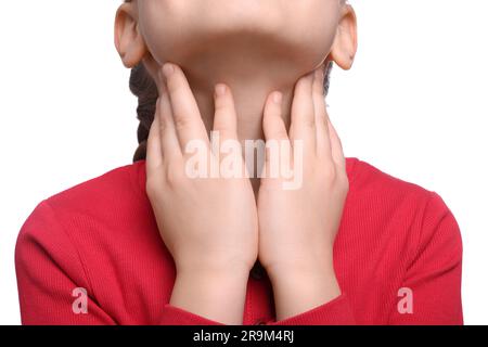 Mädchen mit Halsschmerzen auf weißem Hintergrund, Nahaufnahme Stockfoto