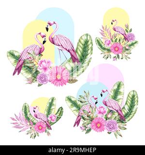 Tropische geometrische Zusammensetzung mit Flamingos, Bananenblättern, Blumen. Collage mit wässrigen Elementen, die auf Weiß isoliert sind. Handgezeichnete Aquarelle f Stockfoto