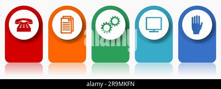 Technologiesymbole, verschiedene Vektorsymbole wie Telefon, Dokument, Getriebe, tv und Hand, Infografik-Vorlage mit modernem Design, Web-Schaltflächen in 5 Colo Stock Vektor