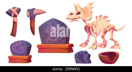 Fossil-Dinosaurier-Skelett für Museumsvektor-Cartoon-Ikonenset. Steinabdruck, Triceratops-Knochen und -Schädel auf dem Hintergrund isoliert. Graben Sie eine uralte jurassic Archäologe Entdeckungsausstellung mit zerbrochener Vase Stock Vektor
