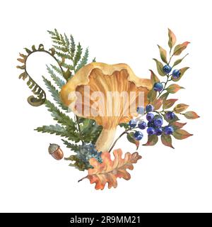 Aquarelle Herbstkomposition im Vintage-Stil. Handgemalte Illustration mit Kräutern, Beeren, Blättern und Pilzen in gedämpften Farben auf Weiß Stockfoto