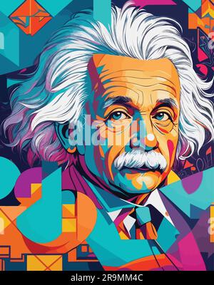 Der berühmte Wissenschaftler Albert Einstein, Popart, Vektorkunststil. In einem farbenfrohen Illustrationsdesign mit abstraktem Hintergrund Stock Vektor