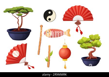 Traditionelle japanische Laterne mit goldener Quaste, asiatischem Handfächer, Papier-Koinobori-Fisch, Bonsai-Baum im Cartoon-Stil isoliert auf weißem Hintergrund. . Vektordarstellung Stock Vektor