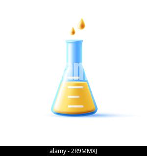 glasbecher mit 3D Vektoren und gelber Flüssigkeit und Tropfen, Chemie, wissenschaftliche Medizin, Biologie, isoliertes Symbol Stock Vektor