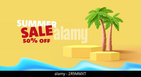 Vorlage für Poster-Banner im Sommerverkauf mit 3D-Darstellung von Hexagonpodium und Palmen auf gelbem Sand mit Meereswelle Stock Vektor