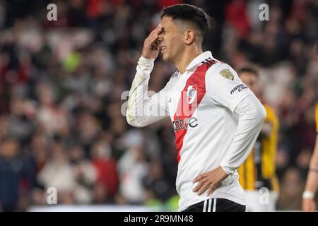 Buenos Aires, Argentinien. 27. Juni 2023. Rodrigo Aliendro von River Plate reagiert während eines Copa CONMEBOL Libertadores 2023-Spiels der Gruppe D zwischen River Plate und den Stärksten im Estadio Mas Monumental Antonio Vespucio Liberti. Endstand: River Plate 2:0 The Strongest Credit: SOPA Images Limited/Alamy Live News Stockfoto