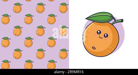 Handgezeichnetes Orange im Doodle-Stil zum Entwerfen von Babykleidung. Postkarte mit orangefarbenem und nahtlosem Muster. Cartoon Böhmischer Kinderabdruck. Kinder-Design-Struktur für Pyjamas. Vektordarstellung. Stock Vektor