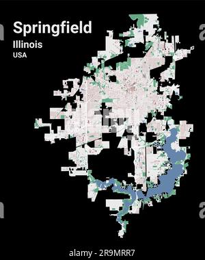 Springfield MAP, Hauptstadt des US-Bundesstaats Illinois. Stadtplan mit Gebäuden, Flüssen und Straßen, Parks und Eisenbahnen. Ve Stock Vektor