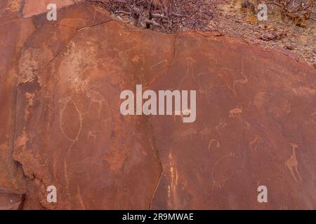 Twyfelfontein (Afrikaans: Ungewisser Frühling), offiziell bekannt als ǀUi-ǁAis (Damara/Nama: Springwasserloch), ist eine Stätte alter Felsstiche in diesem Stockfoto