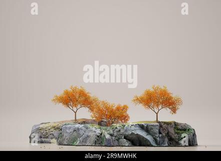 Herbstbaum und Felsen isoliert auf blauem Hintergrund. Minimales Konzept mit Platz zum Kopieren. 3D-Rendering. 3D Abbildung Stockfoto