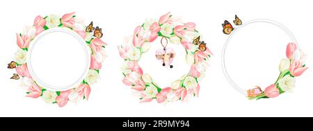 Aquarell gezeichnete Kränze aus wunderschönen pinkfarbenen und weißen Tulpenblüten und Schmetterlingen auf weißem Hintergrund. Perfekt für Aufkleber, Logo, Serviette Stockfoto