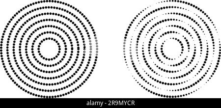 Konzentrische Kreise mit ganzen und unterbrochenen gepunkteten Linien. Kreisförmige Rippelsymbole isoliert auf weißem Hintergrund. Vortex, Sonarwelle, Schallwelle, Sonnenaufgang Stock Vektor
