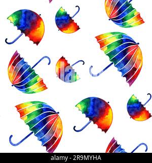Farbenfrohe Regenbogenschirme mit nahtlosem Muster. Hintergrund mit abstrakten Regenschirmen Stockfoto