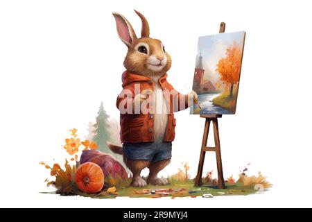 Der Hase zeichnet sein wunderbares Bild im Herbst Stock Vektor