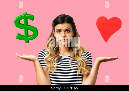 Geld oder Liebe, Frau, die sich zwischen Karriere oder Paarbeziehung entscheidet Stockfoto
