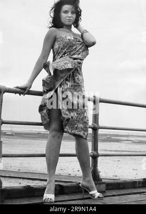 Woodcock, Carmen, britisches Model, Strandmode tragen, 1960er, ADDITIONAL-RIGHTS-CLEARANCE-INFO-NOT-AVAILABLE Stockfoto
