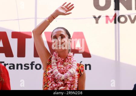 Nicht exklusiv: 27. Juni 2023 in Cuautla, Mexiko: Der Vorkandidat für die Präsidentschaft Mexikos für die Morena-Partei, Claudia Sheinbaum Pardo, während Stockfoto