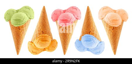 Sammlung von Speiseeiskonen auf weißem Hintergrund mit Schnittweg isoliert. Stockfoto