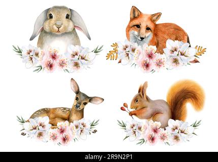 Niedliche Waldtiere in pinken Blumen Kranz Aquarell Illustration Set. Waldfuchs, Häschen, Eichhörnchen-Hirsch Stockfoto