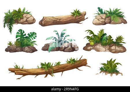 Setze Dschungelelemente im Cartoon-Stil für Videospiele isoliert auf weißem Hintergrund Stock Vektor