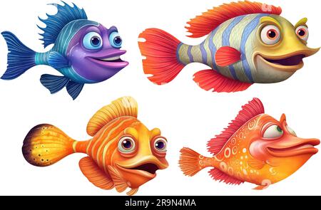 Setze den Fisch im Cartoon-Stil für das Videospiel isoliert auf weißem Hintergrund Stock Vektor