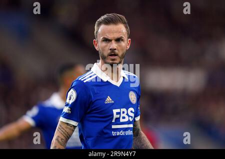 Aktenfoto von 15-05-2023 von James Maddison. Tottenham nähert sich der Unterzeichnung von James Maddison, während der Leicester Mittelfeldspieler am Mittwoch eine medizinische Untersuchung durchführen wird. Ausgabedatum: (Datum hier eingeben). Stockfoto