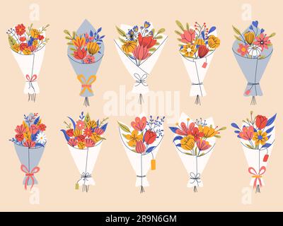 Großes Set mit Blumenelementen. Romantische Blumenkollektion mit Blumenstrauß. Gut geeignet für Grußkarten oder Einladungsdesign, geblümtes Poster Stock Vektor