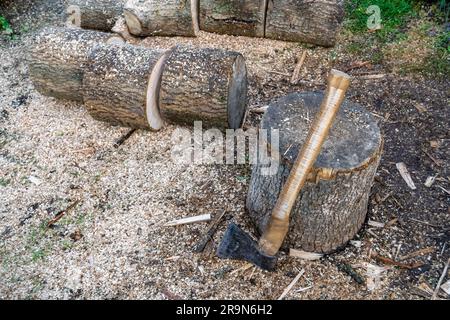 Fotografie auf Themen große Stahlaxt mit Holzgriff, Metallaxt zum Holzhacken, Foto alte Axt bestehend aus einer Axt auf Naturhintergrund, geschmiedete Axt Stockfoto