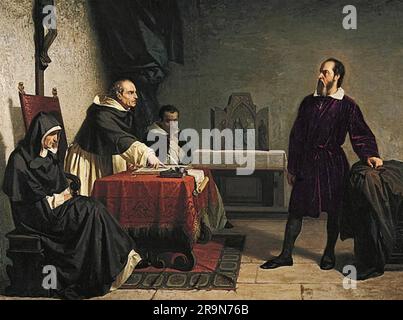 DER italienische Wissenschaftler GALILEO GALILEI (1564-1642) erscheint im Gemälde von Cristiano Banti von 1857 vor der römischen Inquisition. Stockfoto