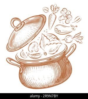 Topf mit frischem Gemüse, Kochtopf mit offenem Deckel. Konzept der gesunden Ernährung. Darstellung der Vektorskizze der Kochpfanne Stock Vektor