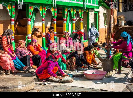 31. Januar 2023, Tehri Garhwal, Uttarakhand, Indien. Frauen bereiten traditionelle Küche in Gruppen während einer Hochzeitszeremonie zu. Bezirk Jaunsar-Jaunp Stockfoto