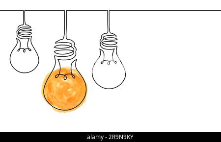 Vektordarstellung einer durchgehenden, einzeiligen Zeichnung von hellen elektrischen Glühlampen. Kreatives Konzept von Idee, Geschäft Stock Vektor